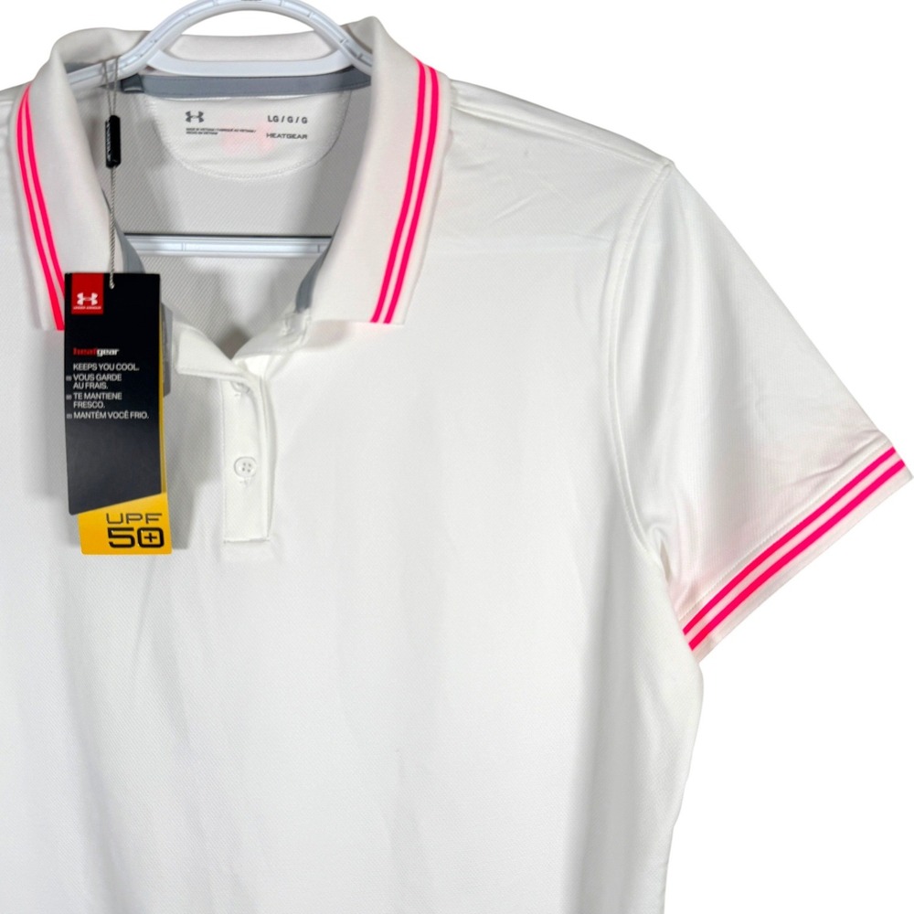 Under Armour HeatGear Golf‎ Polo Shirt Womens L White Pink UPF 50 Short Sleeve